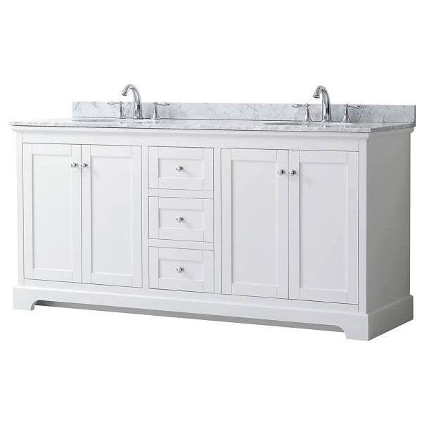 Wyndham Avery 72" White Double Vanity, Carrara Marble Top, Oval Sinks