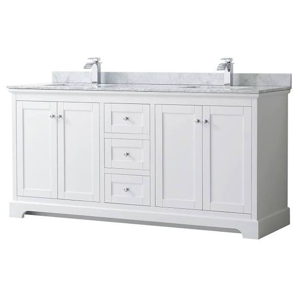 Wyndham Avery 72" White Double Vanity, Carrara Marble Top, Square Sinks