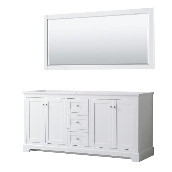Wyndham Avery 72" White Double Vanity, No Countertop, No Sinks, 70" Mirror