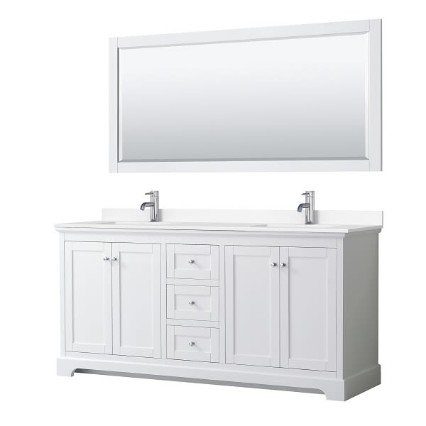Wyndham Avery 72" White Double Vanity, White Marble Top, 70" Mirror