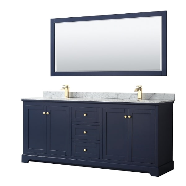 Wyndham Avery 80" Dark Blue Double Vanity, Carrara Marble, Square Sinks, Mirror