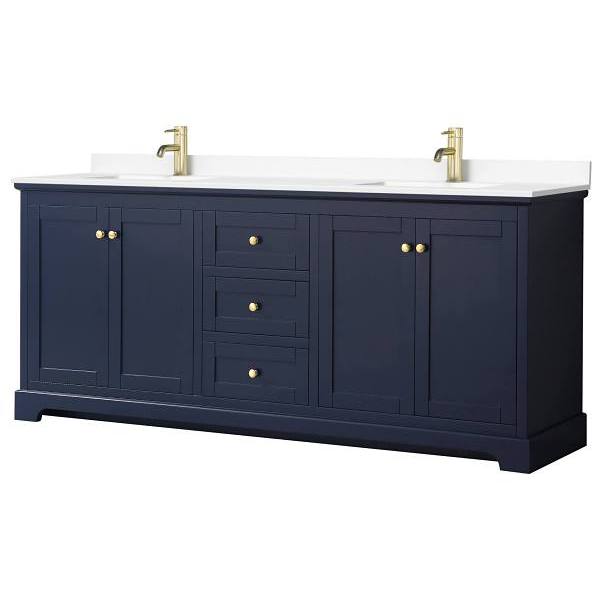 Wyndham Avery 80" Dark Blue Double Vanity, White Marble Top
