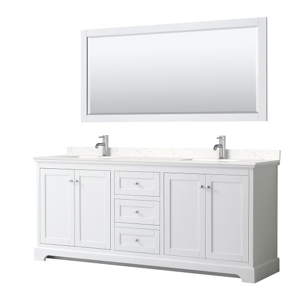 Wyndham Avery 80" White Double Vanity, Carrara Marble Top, 70" Mirror