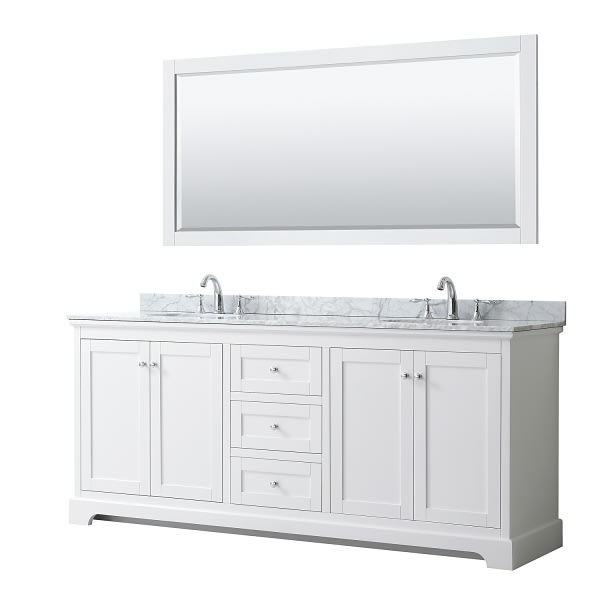 Wyndham Avery 80" White Double Vanity, Carrara Marble, Oval Sinks, 70" Mirror
