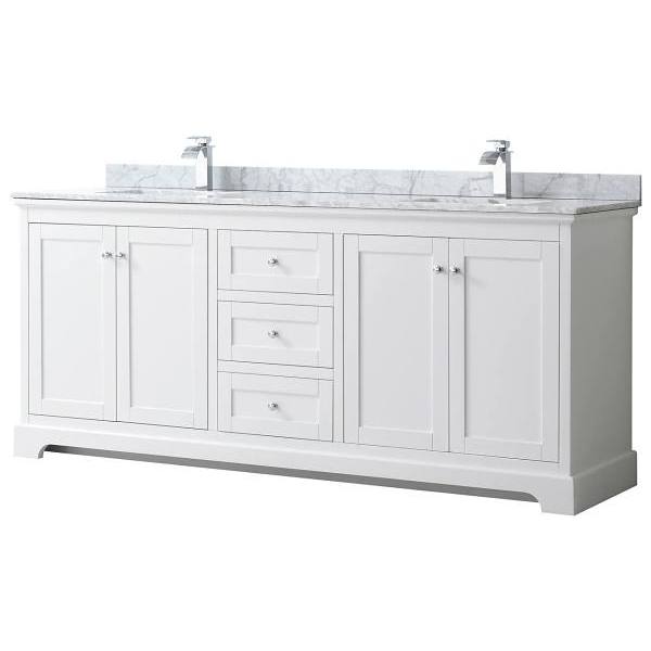 Wyndham Avery 80" White Double Vanity, Carrara Marble Top, Square Sinks