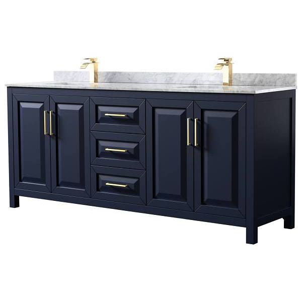 Wyndham Daria 80" Dark Blue Double Vanity, Carrara Marble Top, Square Sinks