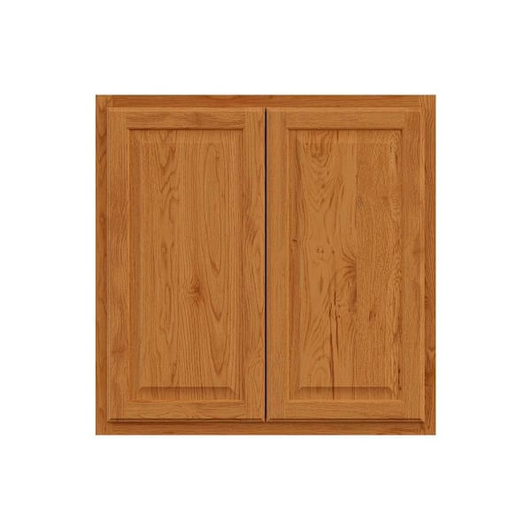 Hampton Bay 30 in. W x 12 in. D x 30 in. H Assembled Raised Panel Wall Cabinet, Medium Oak