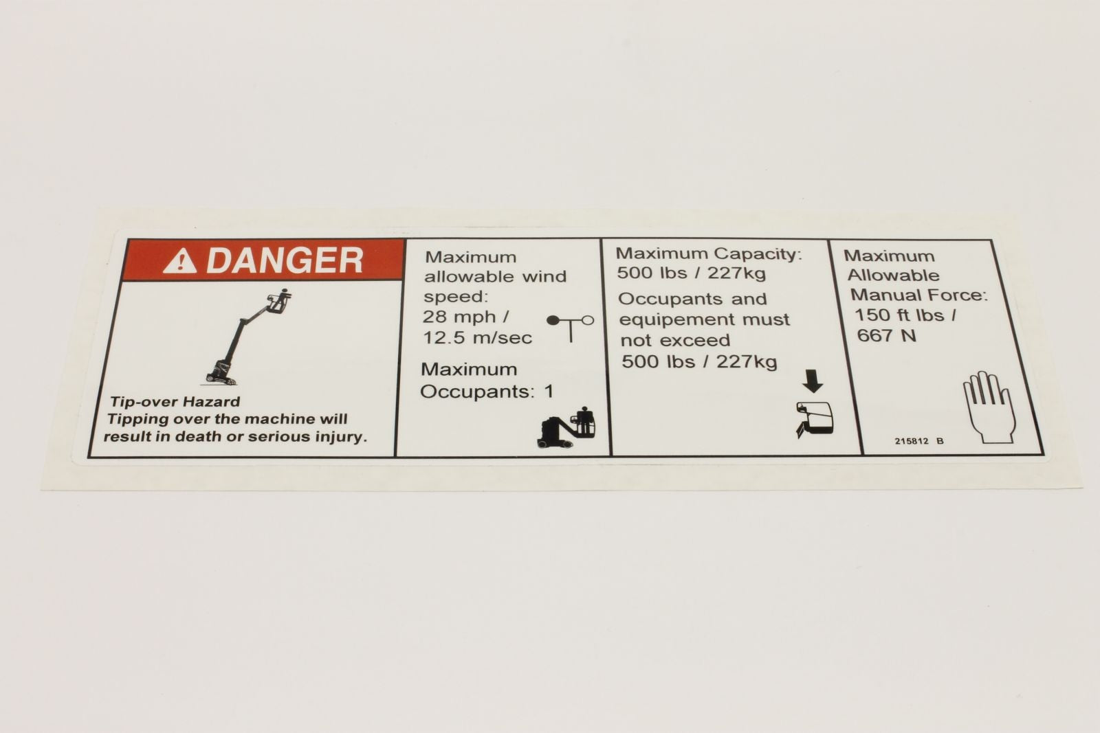 Genie Part # 215812GT – Decal, Danger Max Cap Side Force ANSI