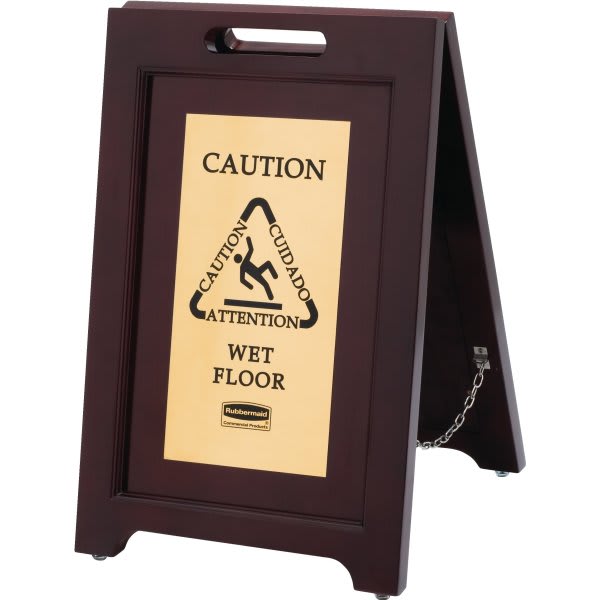 Rubbermaid Commercial Executive Series 26 in. Safety/Caution Sign, 2-Sided, Multilingual, Gold