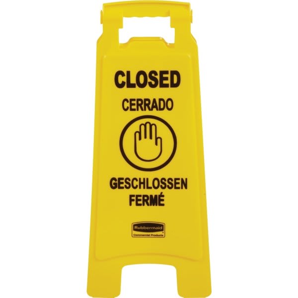 Rubbermaid Commercial 26 in. Safety/Caution Sign, Closed, 2-Sided, Multilingual, Yellow, 6-pack
