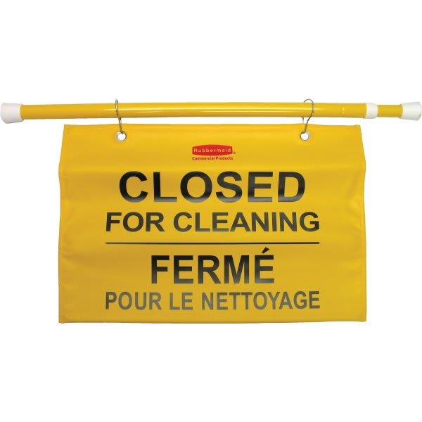 Rubbermaid Commercial Hanging Doorway Safety Sign, Closed for Cleaning, Multillingual, Yellow, 6-pack