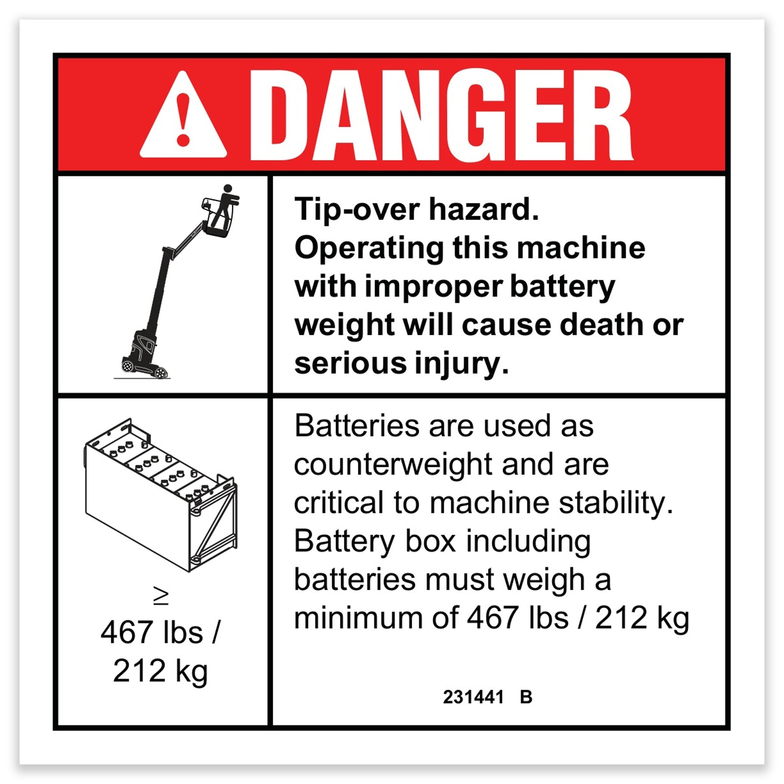 Genie Part # 231441GT – Decal, Danger, Tipover Battery WT