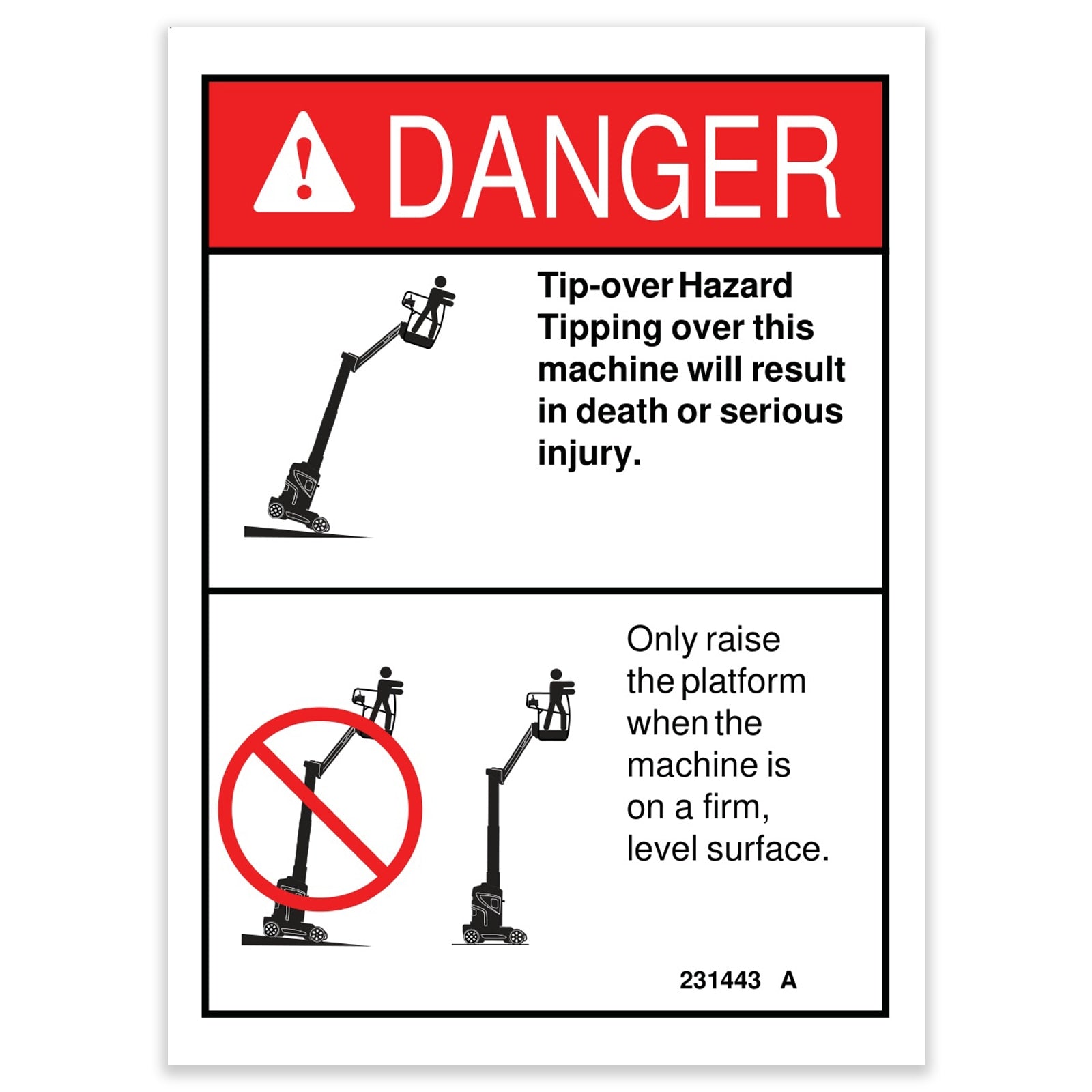 Genie Part # 231443GT – Decal, Danger, Tipover Haz LvL Grd