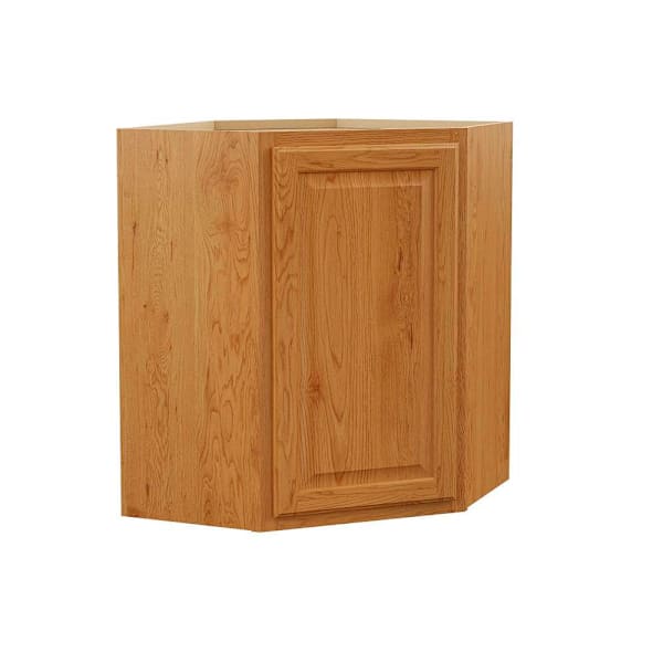 Hampton Bay 24 in. W x 12 in. D x 30 in. H Assembled Raised Panel Corner Wall Cabinet, Medium Oak