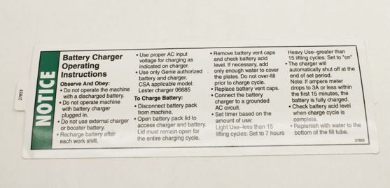 Genie Part # 27853GT – Decal, Charger Instructions