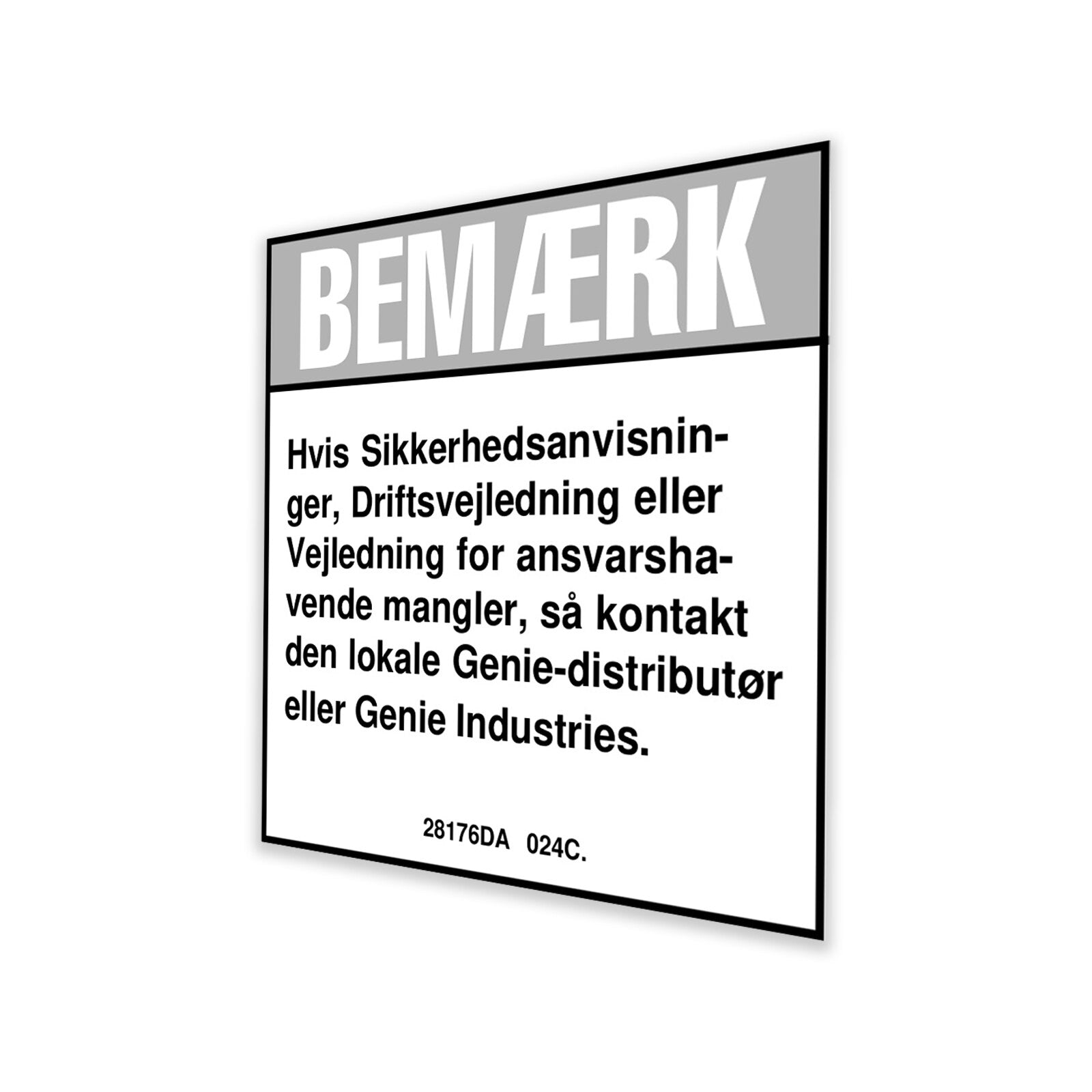 Genie Part # 28176DAGT – Decal, Notice, Manual Not Here