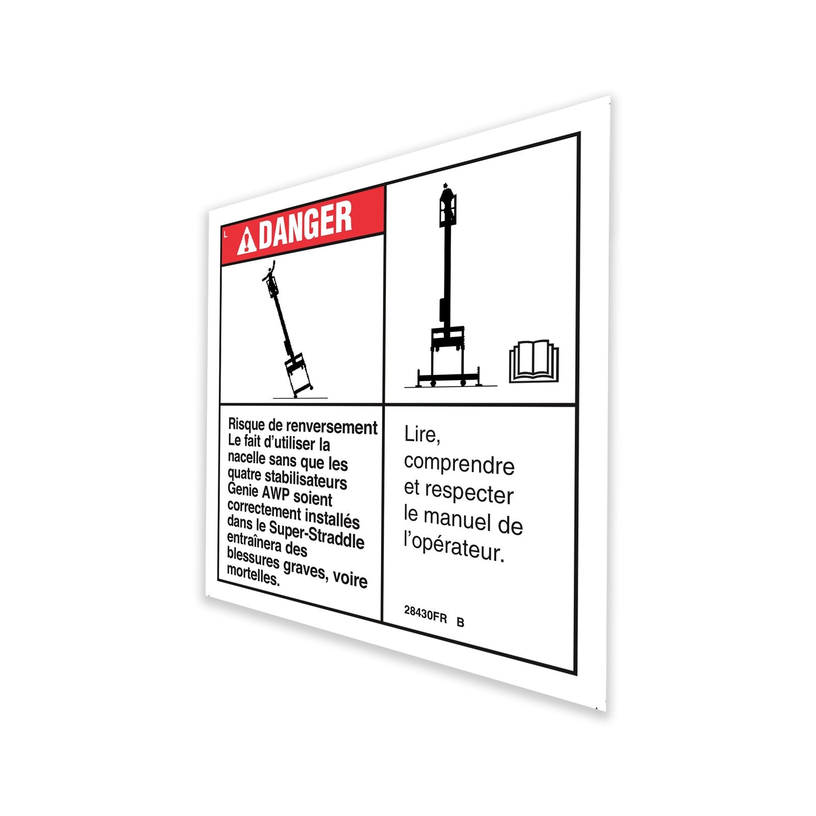 Genie Part # 28430FRGT – Decal,Danger-Instal O.R.,Base