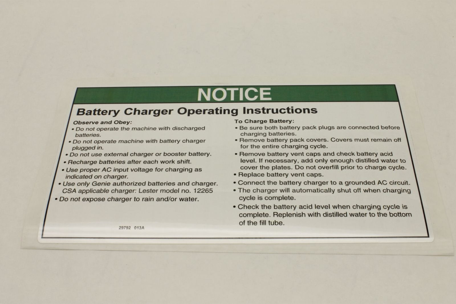 Genie Part # 29792GT – Decal, Notice, Charger Instruc