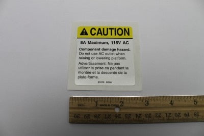 Genie Part # 31076GT – Decal, Caution, 8A Max. 115V AC