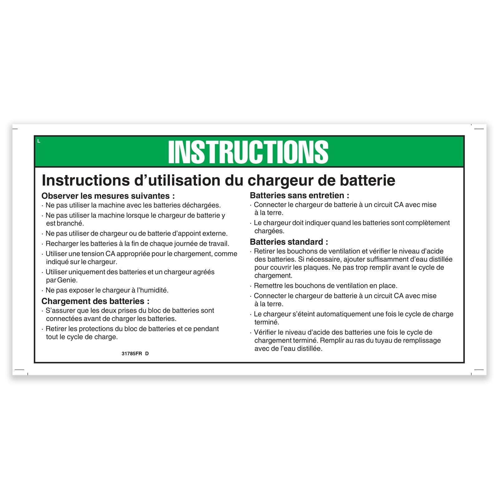Genie Part # 31785FRGT – Decal, Notice, Charger Instruc