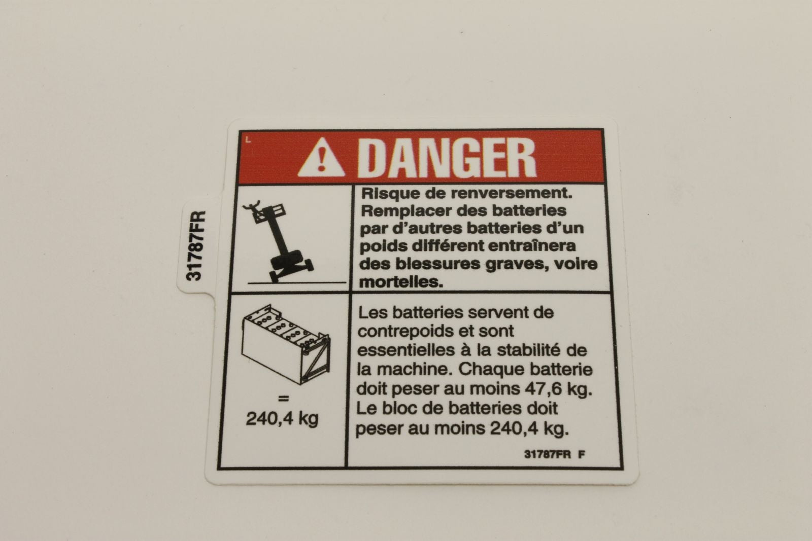 Genie Part # 31787FRGT – Decal, Danger, Tip-Over Battery
