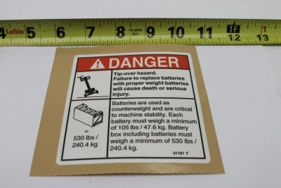 Genie Part # 31787GT – Decal, Danger, Tip-Over Battery
