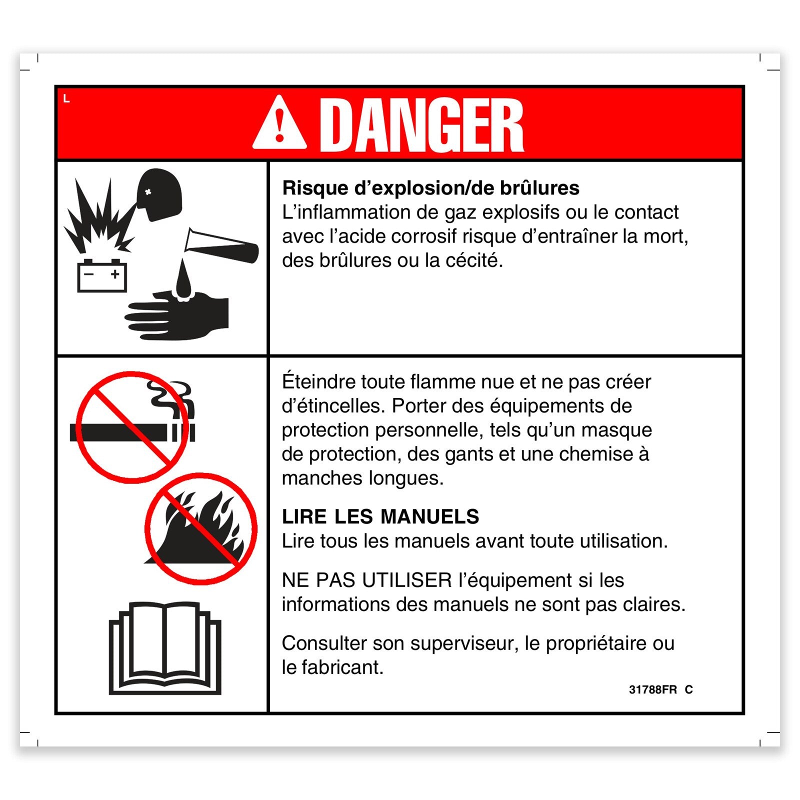 Genie Part # 31788FRGT – Decal, Danger, Battery Safety, French