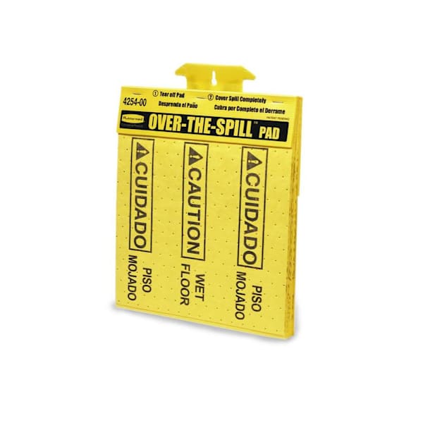 Rubbermaid Commercial Absorbent Over-The-Spill Pads With Caution Wet Floor Message, Yellow, 300-Case