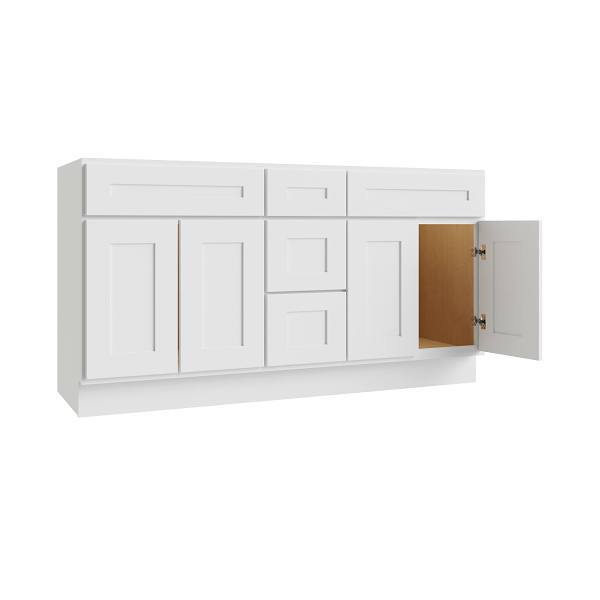 CNC Cabinetry Luxor 3-Drawer Vanity Base Cabinet, 5-Pc Drawer, 60"W Shaker White