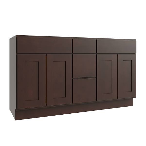CNC Cabinetry Luxor 3-Drawer Vanity Base Cabinet, 60"W X 34.5"H, Shaker Espresso