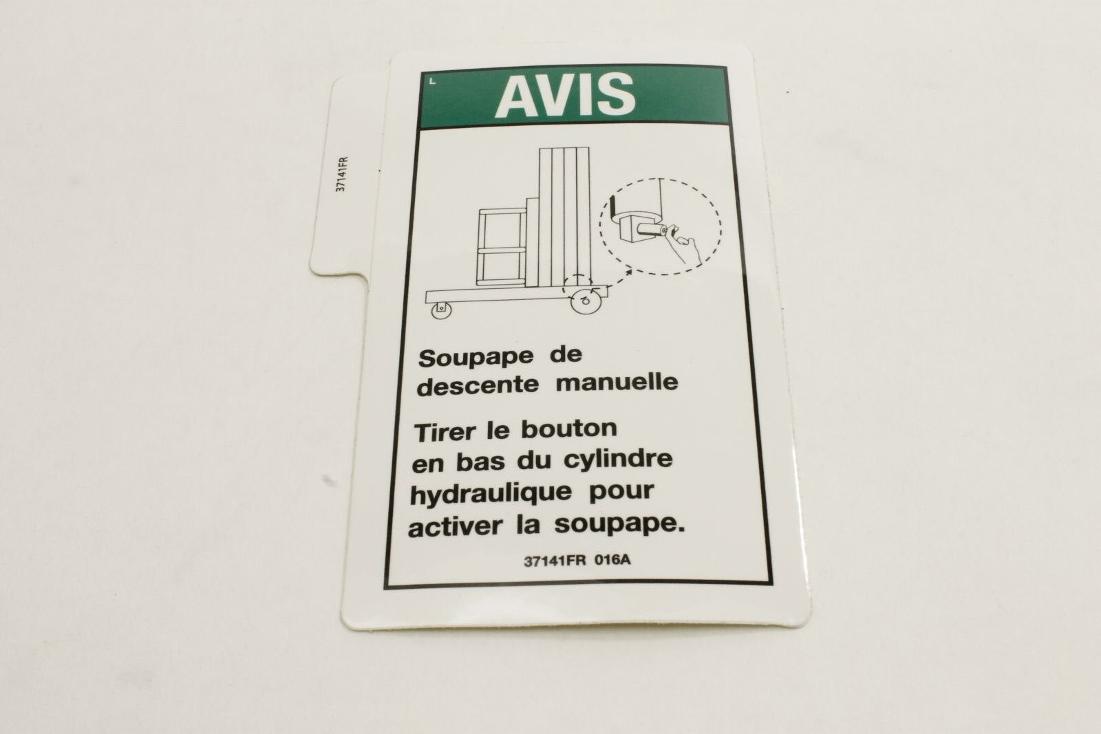 Genie Part # 37141FRGT – Decal, Notice, Manual Lowering