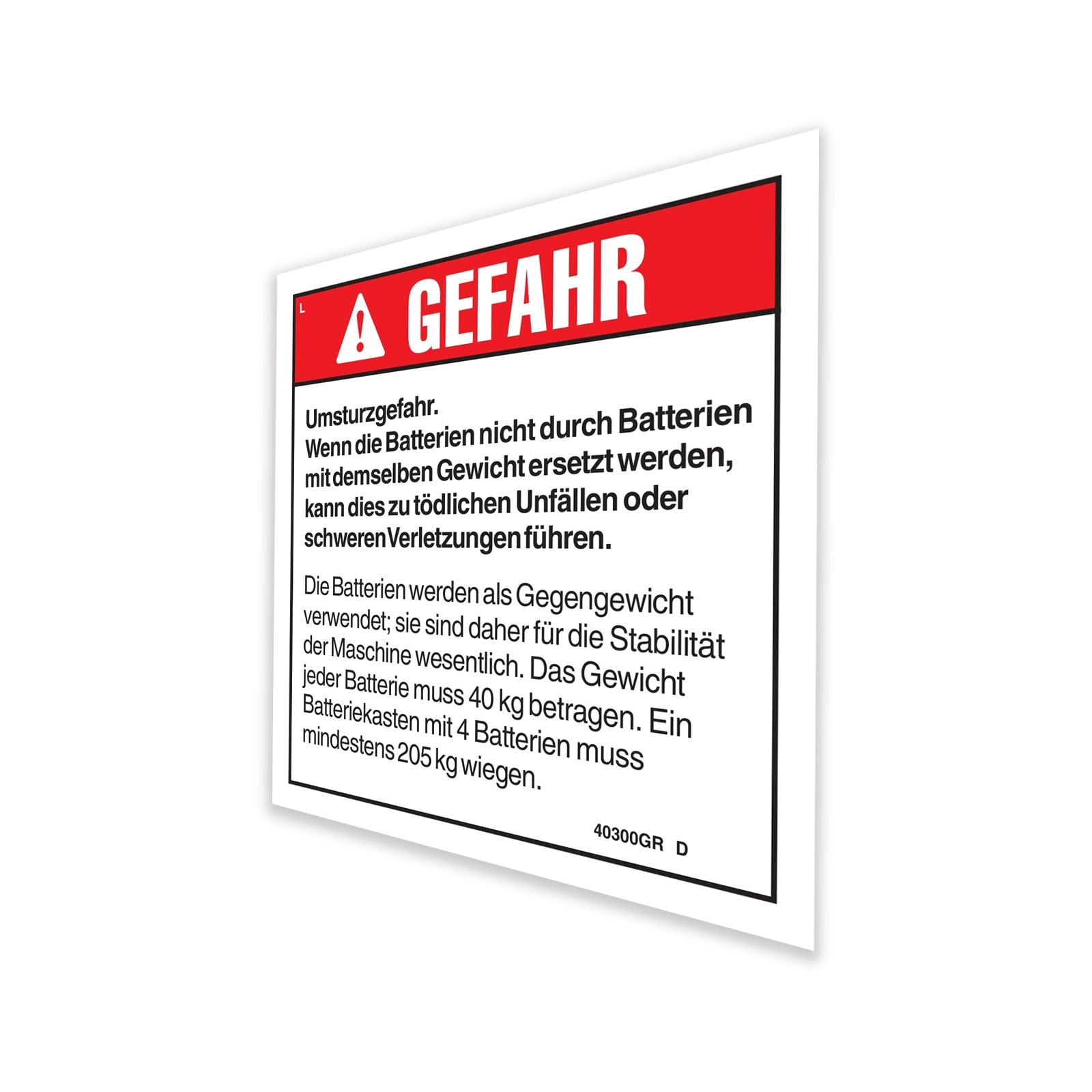 Genie Part # 40300GRGT – Decal, Danger, Tip-Over Battery