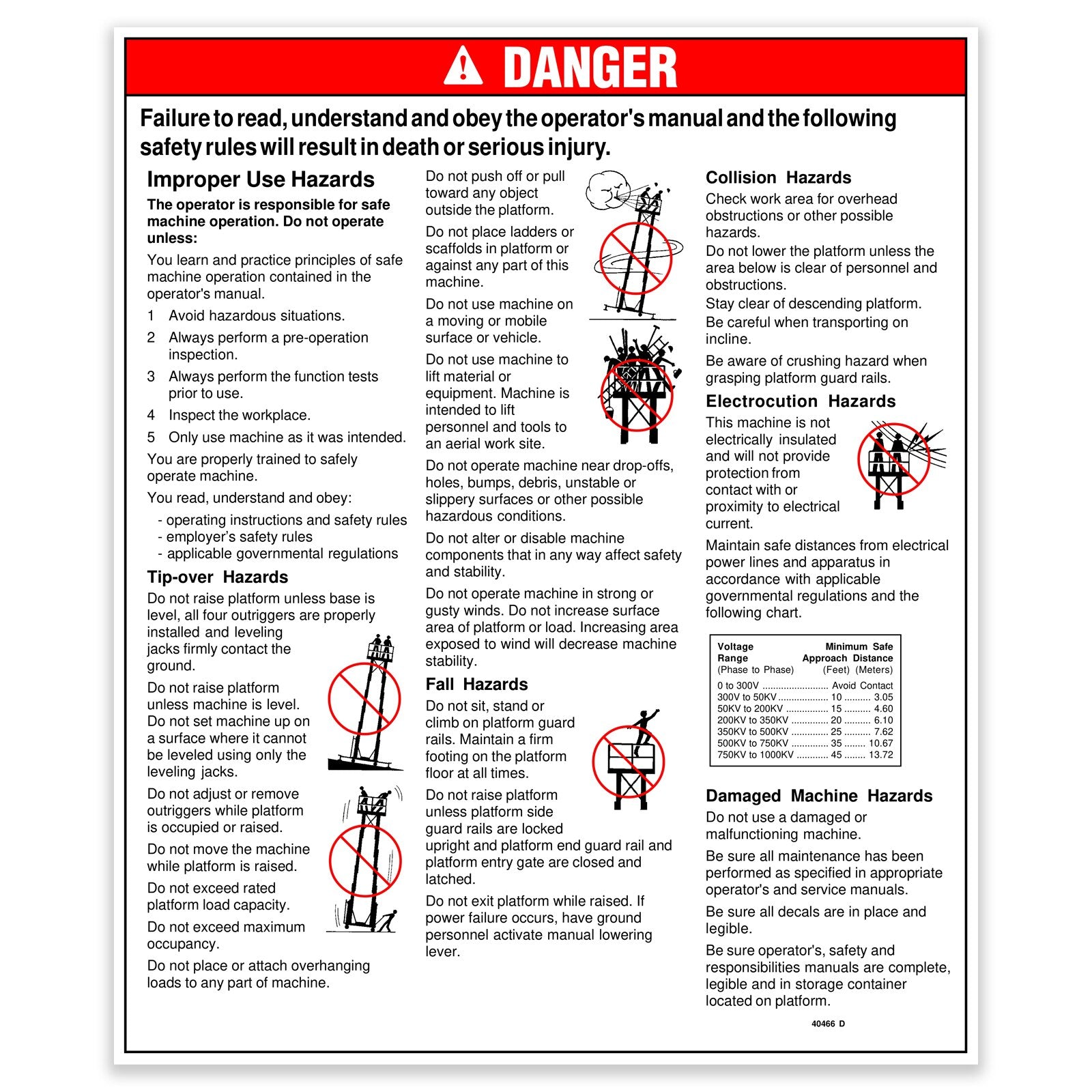 Genie Part # 40466GT – Decal, Danger, Gen Safety DPLS