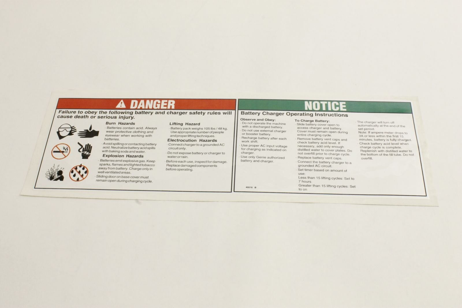 Genie Part # 40516GT – Decal, Danger, Batt Safety/Setup