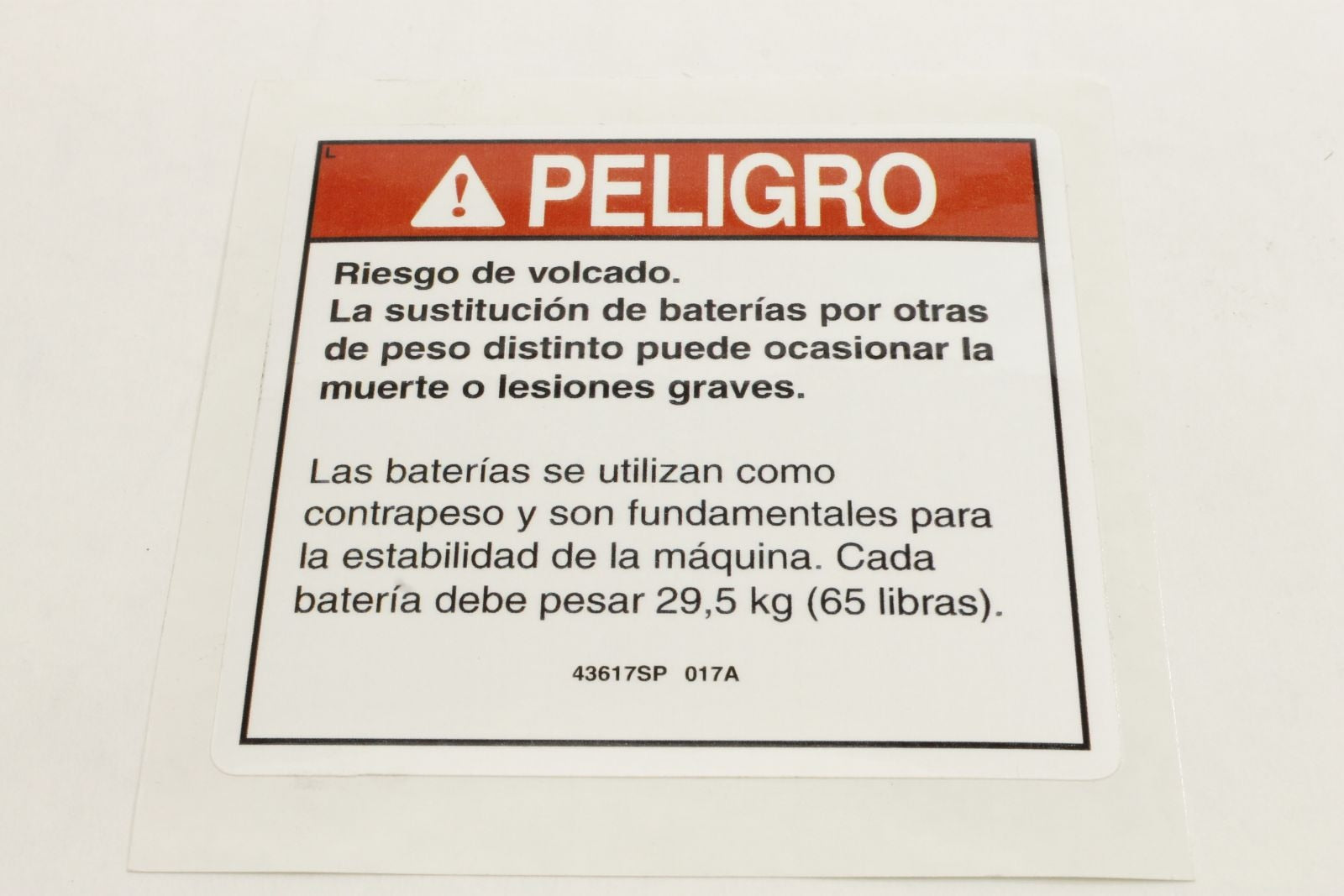 Genie Part # 43617SPGT – Decal, Danger, Tip-Over, Battery