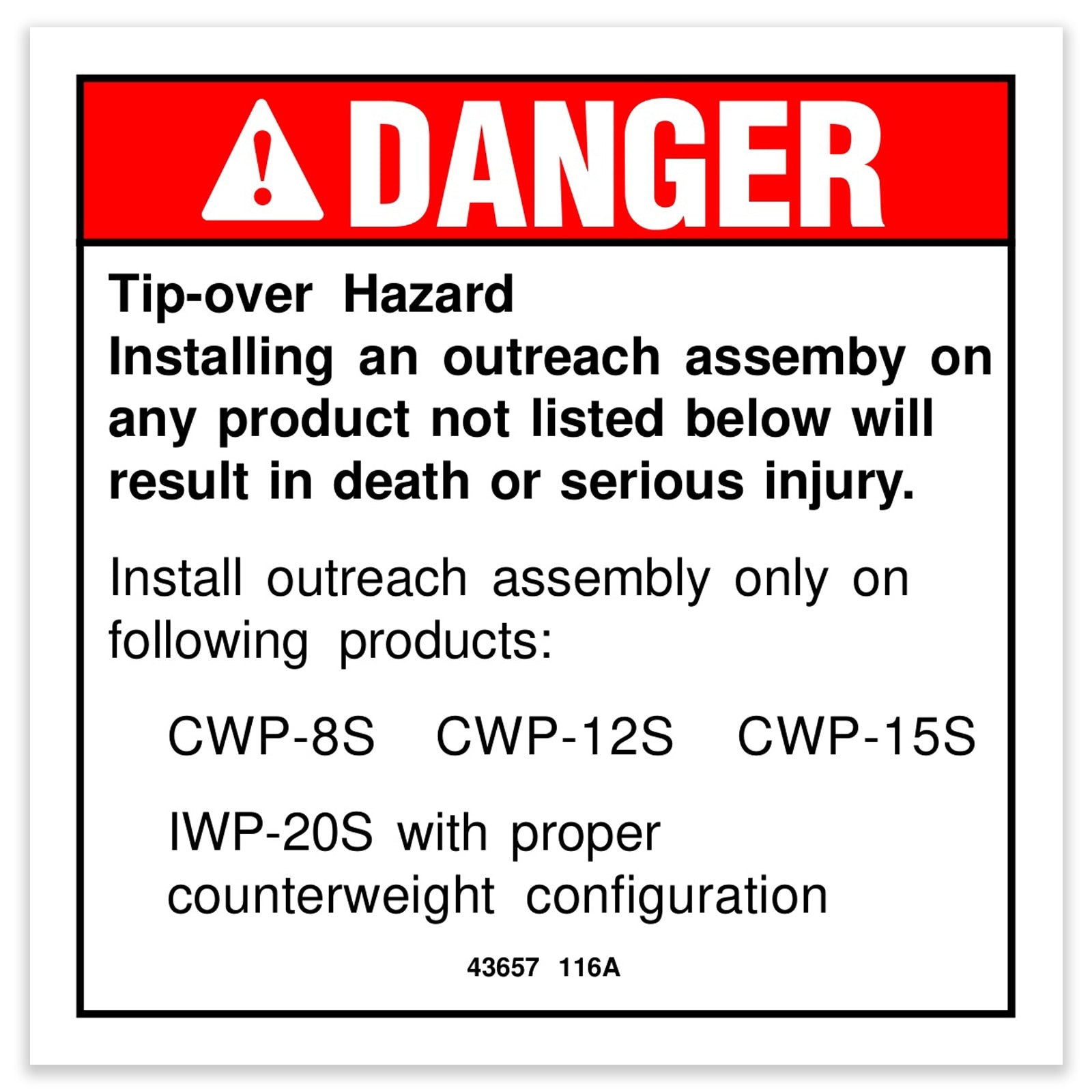 Genie Part # 43657GT – Decal, Danger, Tip-Over, Outreach