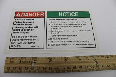 Genie Part # 44220GT – Decal, Danger, Brake Rel Safety