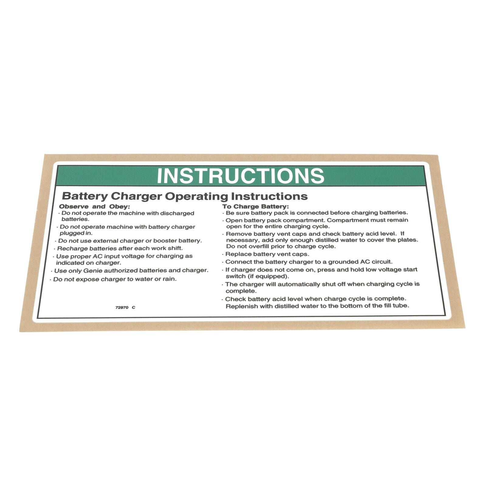 Genie Part # 72970GT – Decal, Instructions-Charger Op