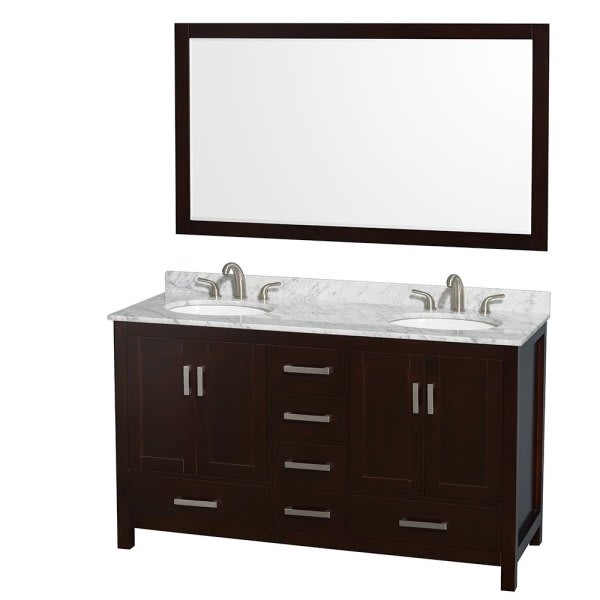 Wyndham Sheffield Espresso Double Bathroom Vanity With Oval Sink And 58" Mirror