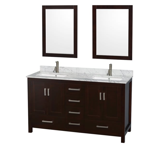 Wyndham Sheffield Espresso Double Bathroom Vanity 60" Square Sink & Mirror