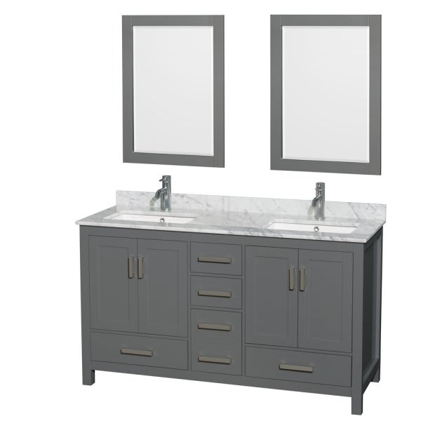 Wyndham Sheffield Dark Gray Double Bathroom Vanity 60" Square Sink & Mirror
