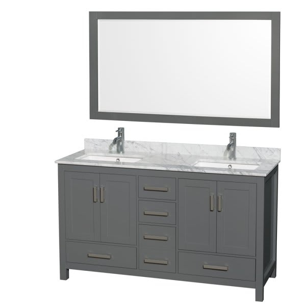 Wyndham Sheffield Dark Gray Double Bathroom Vanity 60" With Square Sink & Mirror