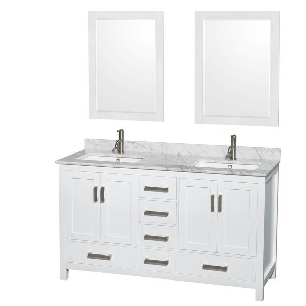 Wyndham Sheffield White Double Bathroom Vanity 60" With Square Sink And Mirror