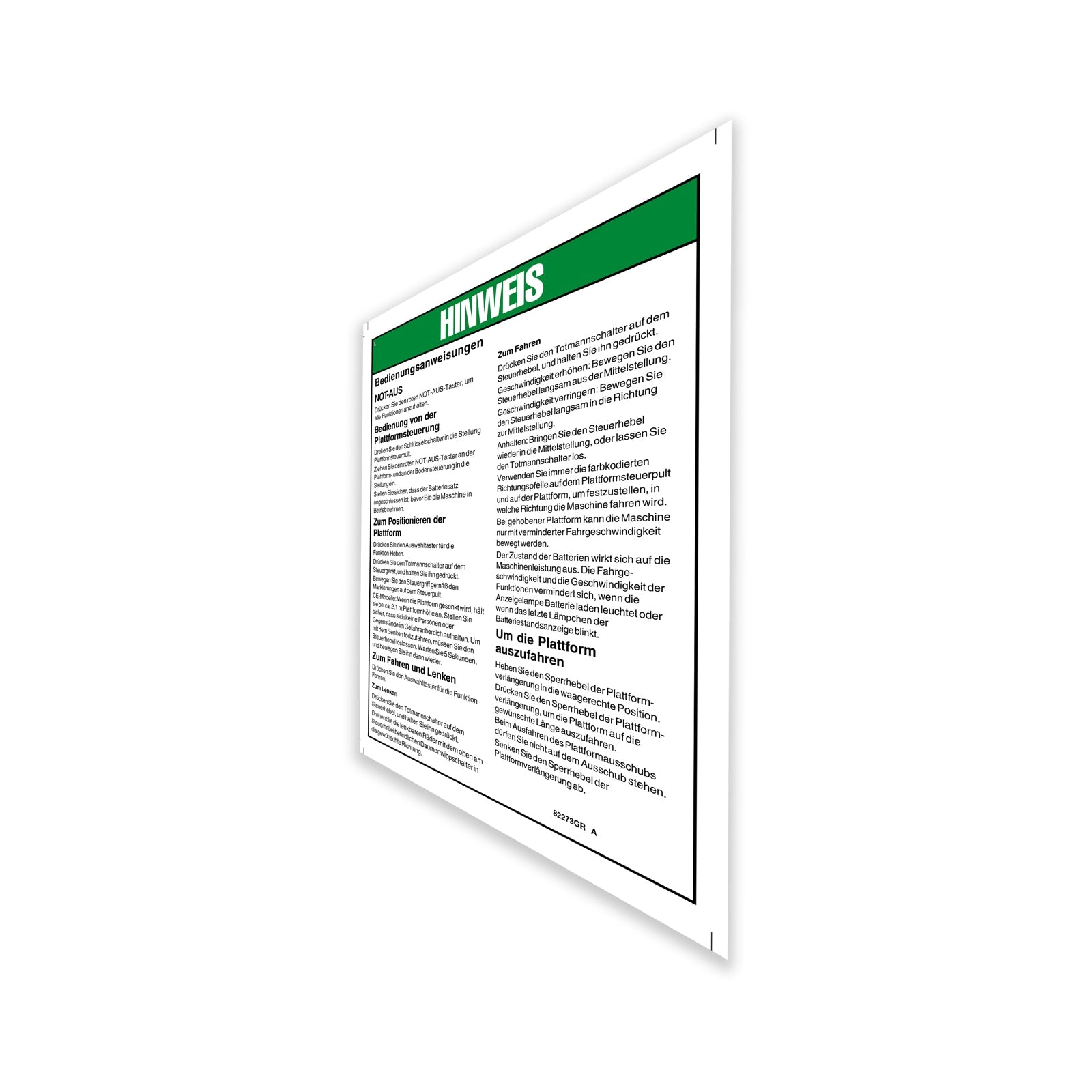 Genie Part # 82273GRGT – Decal, Notice, Platform Oper Ins