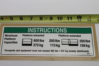 Genie Part # 82564GT – Decal, Instr-Max Cap 600lbs