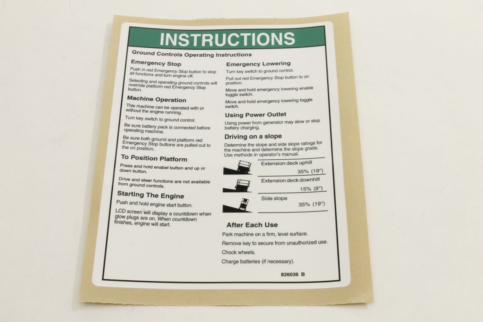Genie Part # 826036GT – Decal, Grnd Ops Instruct, GS69BE