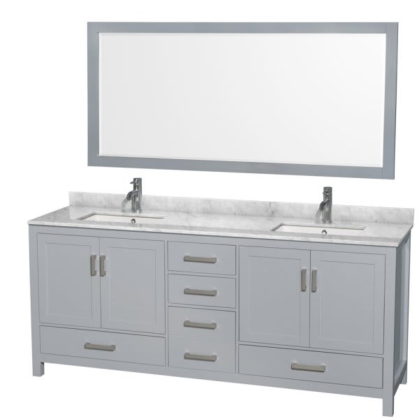 Wyndham Sheffield Gray Double Bath VanityWith Top, Square Sink, 70 Inch Mirror