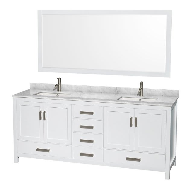 Wyndham Sheffield White Double Bath Vanity With Top, Square Sink,70 Inch Mirror