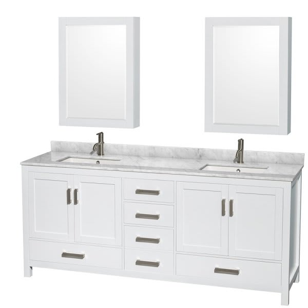 Wyndham Sheffield White Double Bath Vanity 80 Inch With Top, Medicine Cabinet