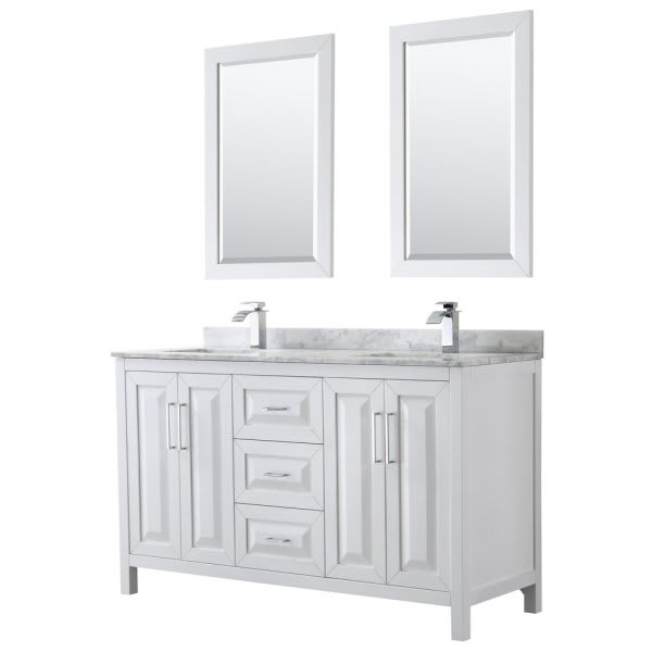 Wyndham Daria White Double Bath Vanity 60" With Carrara Marble Top & 24" Mirror